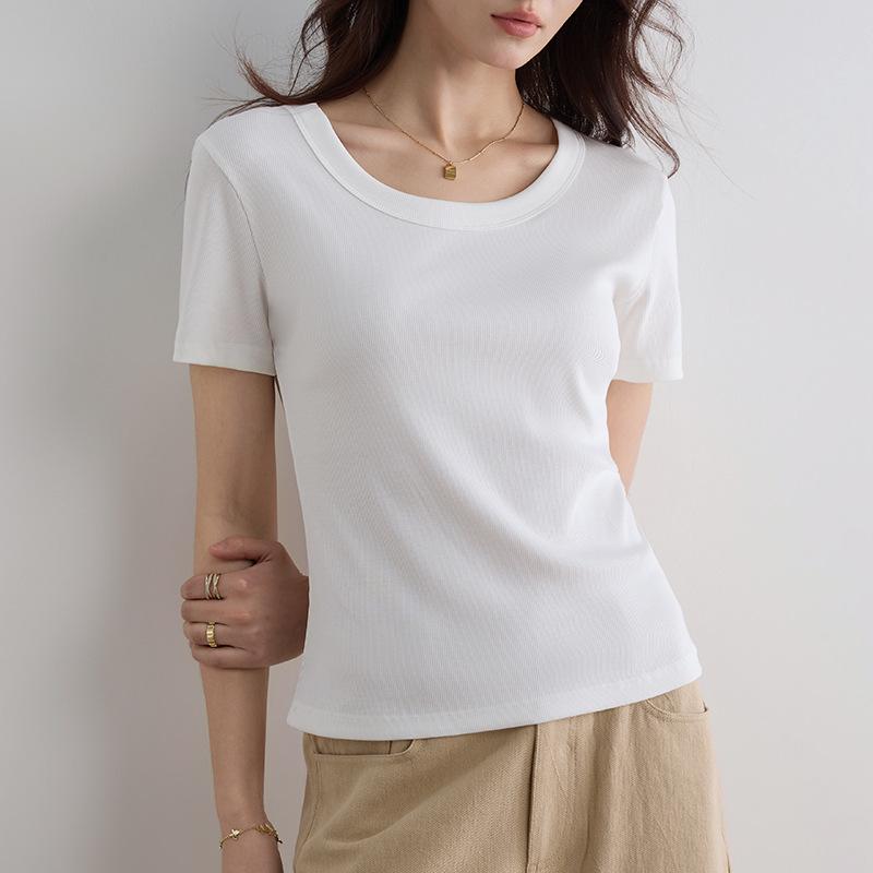 Damen Sommer 2025 Schlank geschnittenes geripptes U-Ausschnitt T-Shirt - Vielseitig Große Größen, Hohe Elastizität, Kurzarm Basis-Top