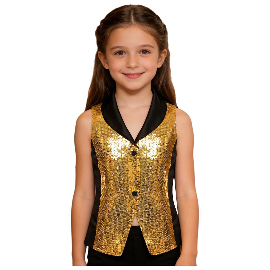 Třpytivá pódiová vesta pro dívky: Saténová vesta s kontrastními barvami, klopovým výstřihem a patentkami, Nezbytnost pro taneční kostým