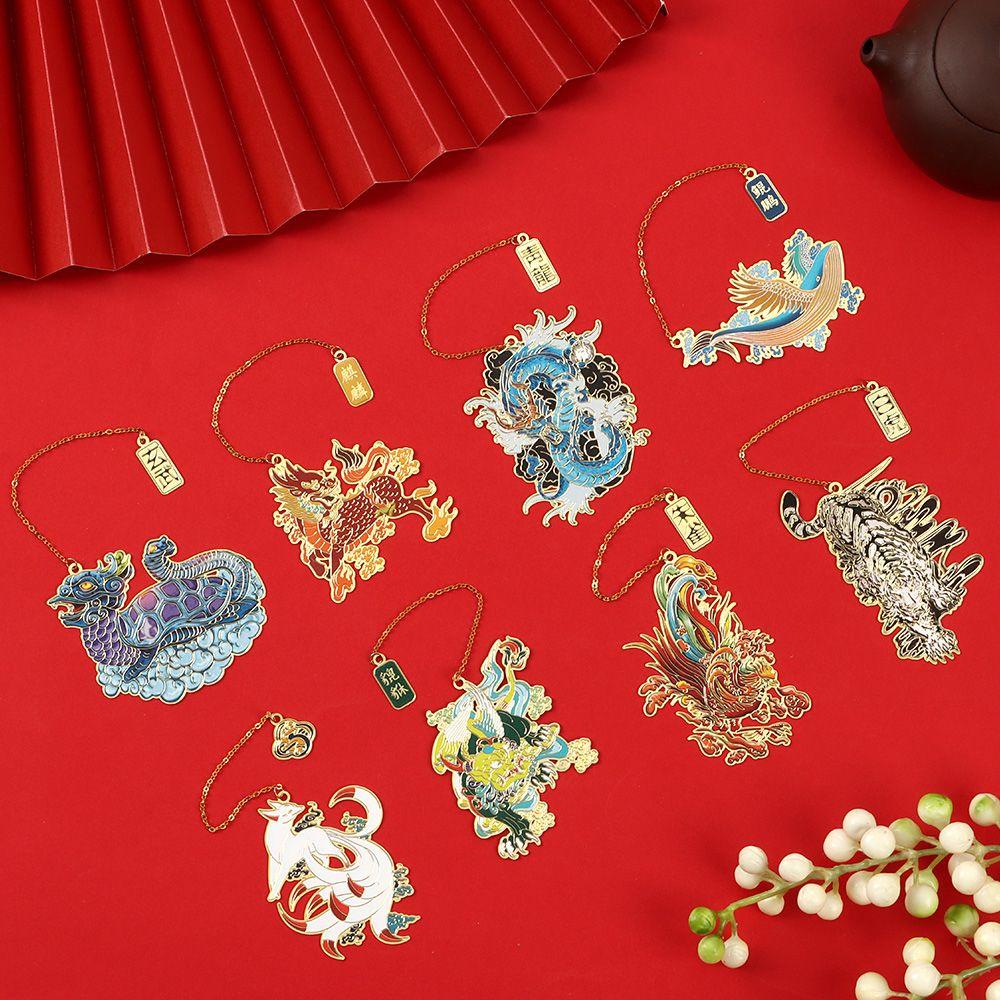 Student Gift Metal Dragon Tiger Retro Tassel Pagination Mark Brass Bookmark Painted Book Clip
