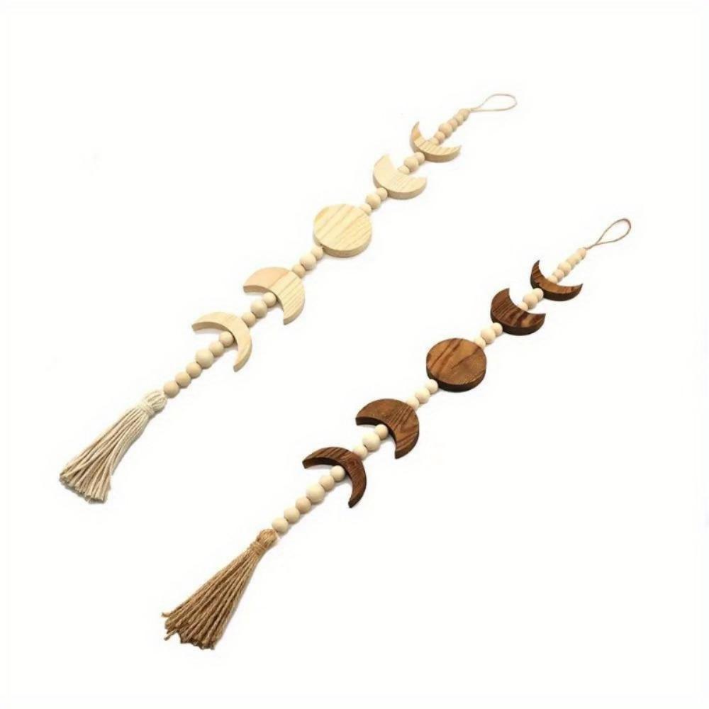1PC Wood Star Moon Phase Wall Hanging Garland Boho Beaded Moon Garland with Tassel Home Wall Decor