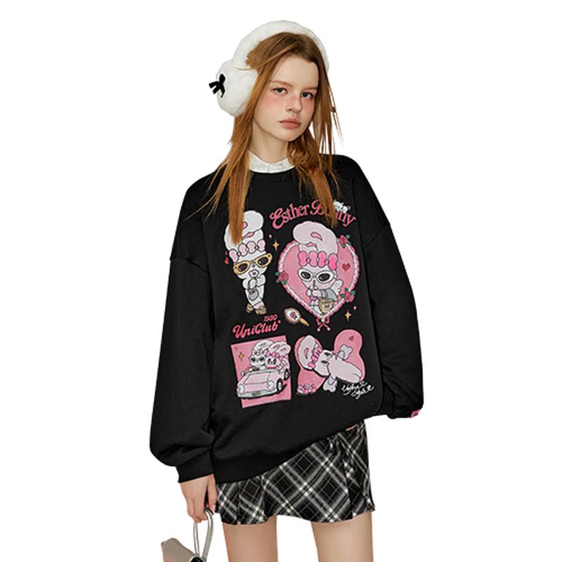 UNIFREE Loose Fit Cartoon Print Crewneck Sweatshirt