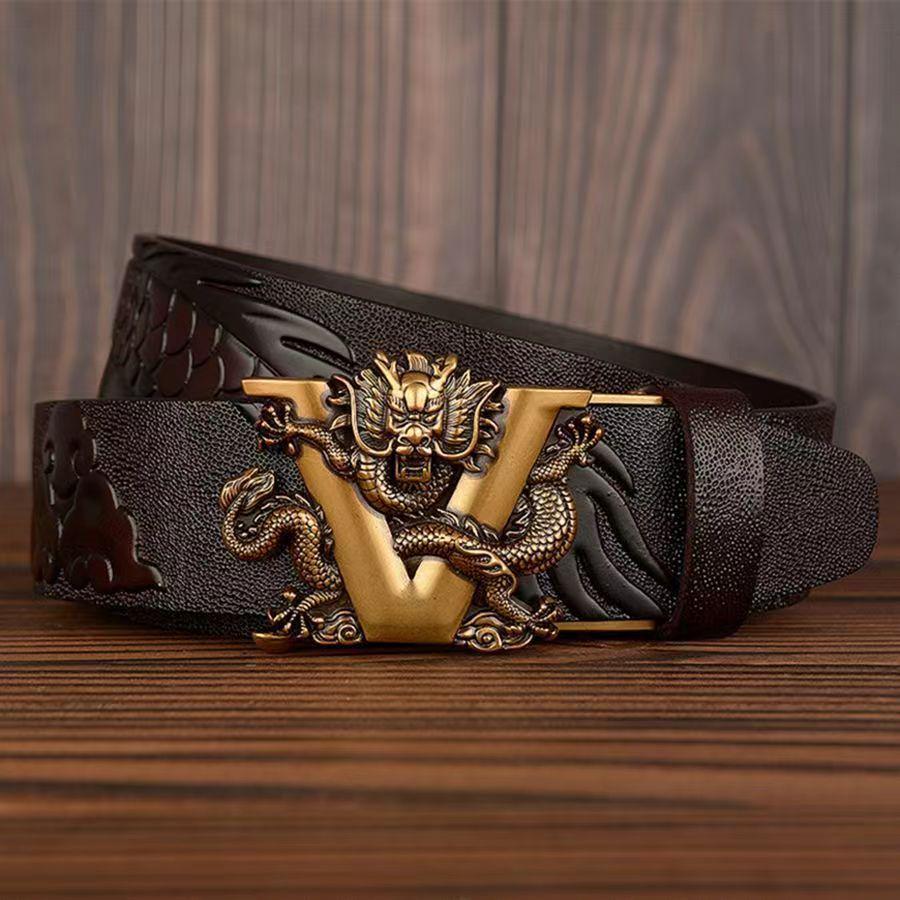Retro Dragon Carved Pattern Automatic Buckle Leather Belt – Domineering Men's Fashion Accessory