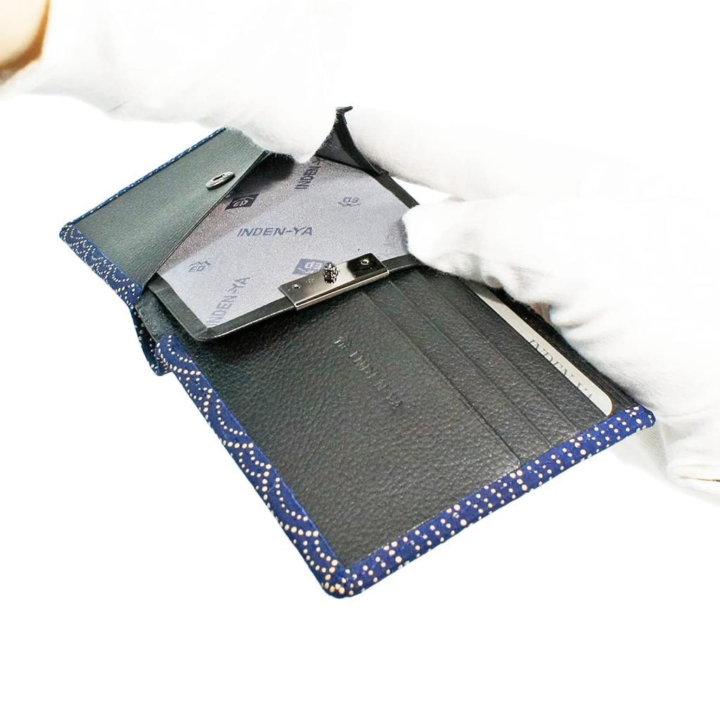 [Inden-ya] Inden Bifold Wallet with Bill Compartment C, Thin Deerskin Leather, Navy Blue with White Lacquer, Seigaiha Pattern, 2003-14-004