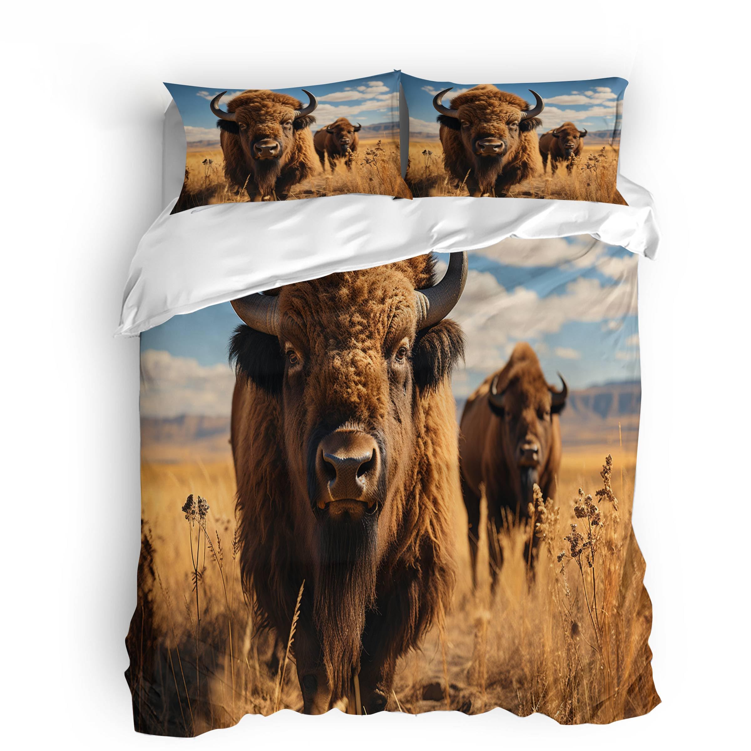 Buffalo Ranch North American Bisons Duvet Cover Set Queen Size Western Bedding Sets Rustic Country Animal Comforter Cover Set EU Single(135*200cm)3pcs