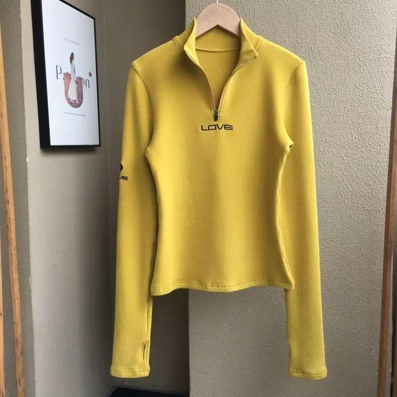 Women's Long-Sleeve T-Shirt Fall Sexy Slim Fit Stand Collar Zipper Double-Sided Fleece Base Shirt