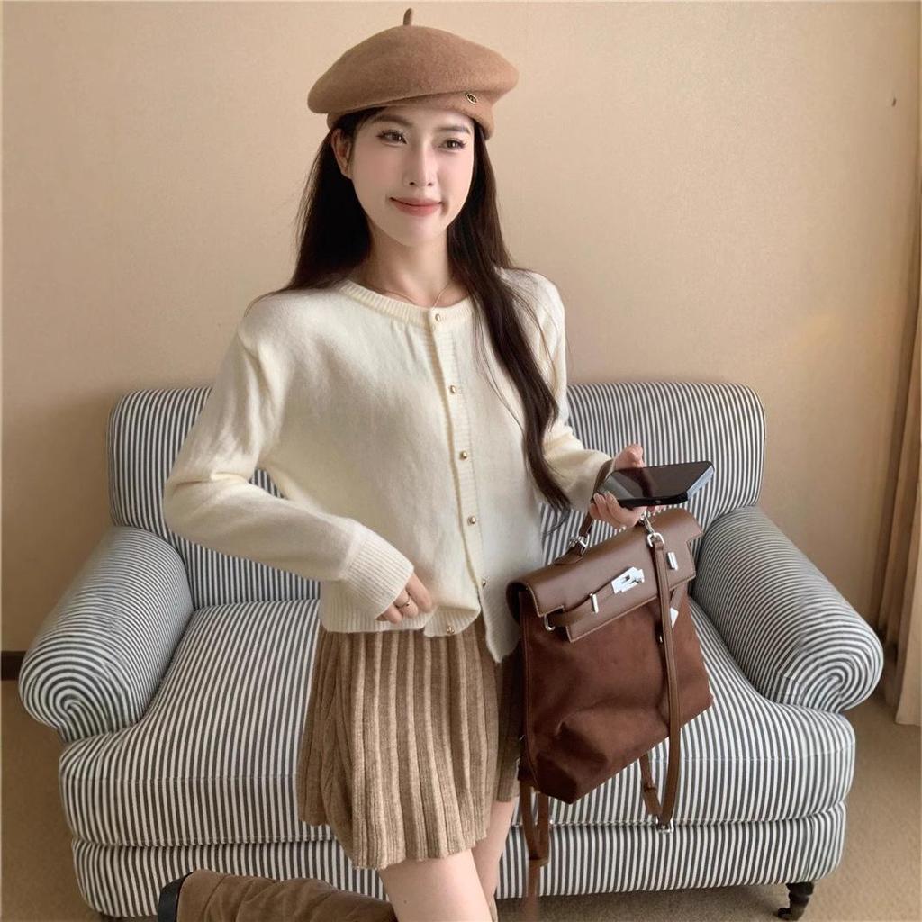 2024 Stylish Red Gold-Buckled Christmas Sweater Jacket for Women