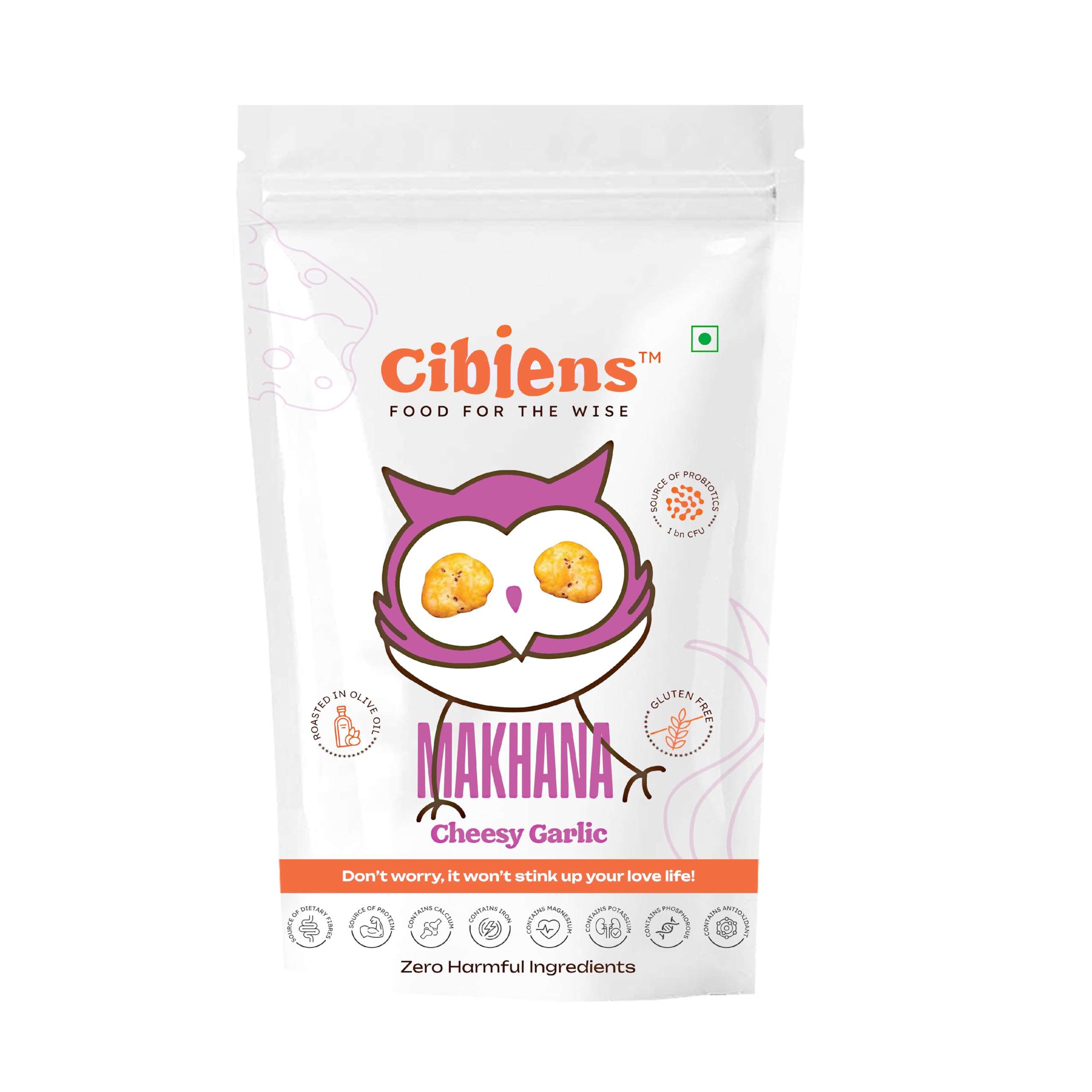 

Cibiens Cheesy Garlic Roasted Makhana | Probiotic Foxnuts | Healthy Low Calorie Snack for Adults | High Fibre, Crunchy, Guilt-Free Snack | 50g Pack
