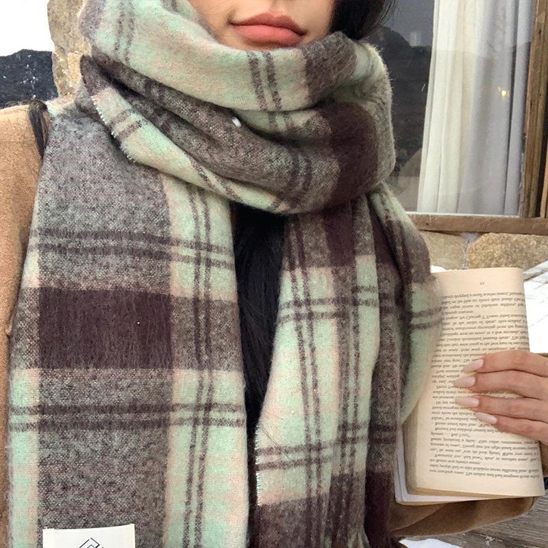 Mint green small fresh imitation cashmere scarf women's literary plaid versatile winter warm couple shawl