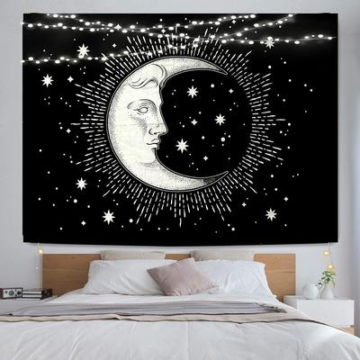 Celestial Moon Tapestry, Black Background with White Crescent Moon Face & Stars Print, Wall Hanging for Boho Bedroom Decor