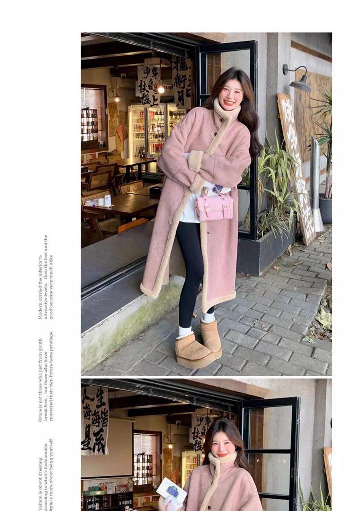 Women's Pink Elegant Long Lambswool Coat - 2025 Korean Style Autumn/Winter Slimming Jacket