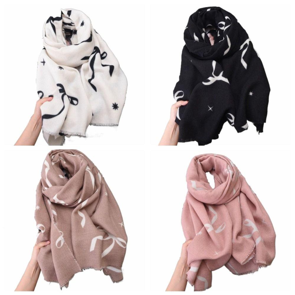 Printed Bow Wool Scarf Thicken Women Cashmere Shawl Temperament Winter Cashmere Scarves Female