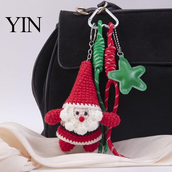 Knitted Holiday Embellishments Christmas Santa Claus Bag Charm, Crochet Keychain Pendant with Key Accessories Faux Leather Star, Xmas Hanging