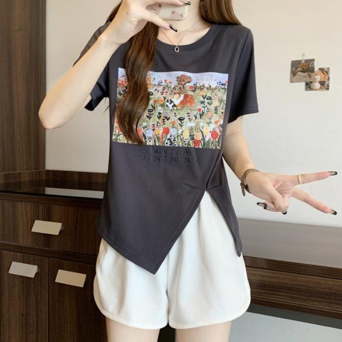 

Human cotton 2 * 2 2025 summer printing short-sleeved T-shirt women s design sense loose niche XL темно-сірий