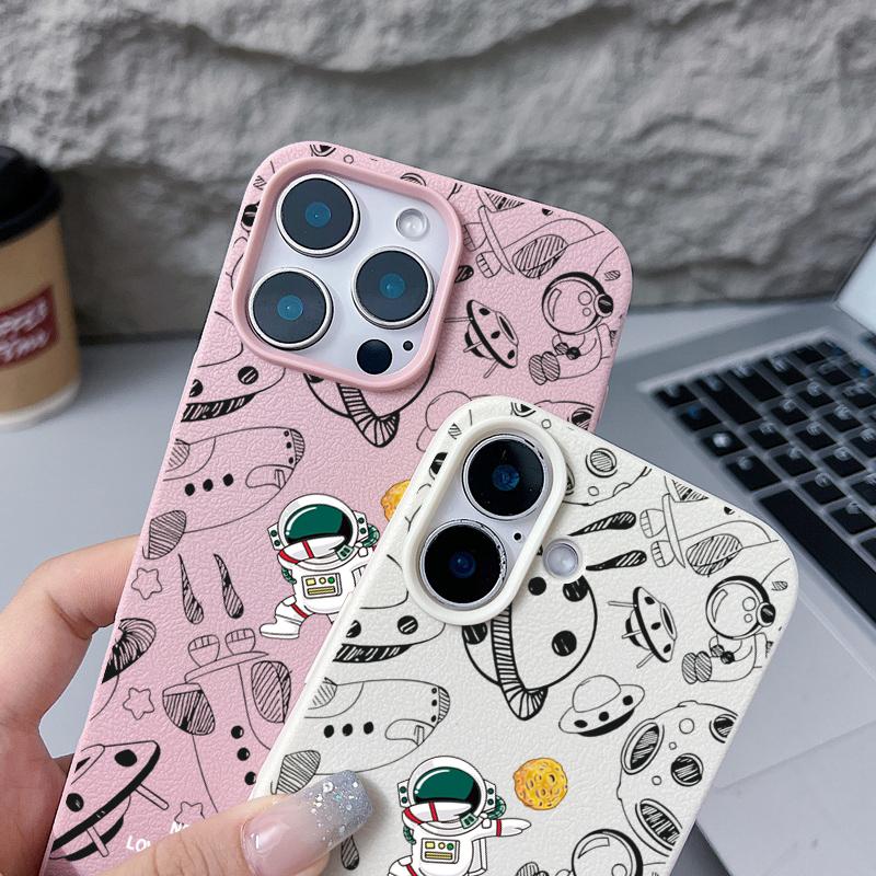 Cartoon Astronaut Pattern Leather Texture Phone Case for iPhone 16 Pro 15 14 13 12 Pro Max 11 Shockproof Tpu Soft Matte Slim Cover