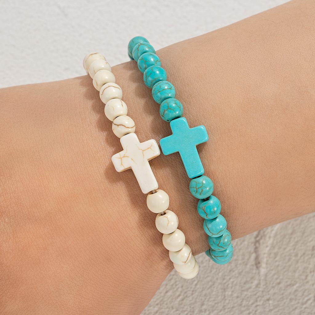 Classic Turquoise Cross Beaded Bracelet Couple Elastic Rope Fashion Texture Party Jewelry Gift Wrist Accessories