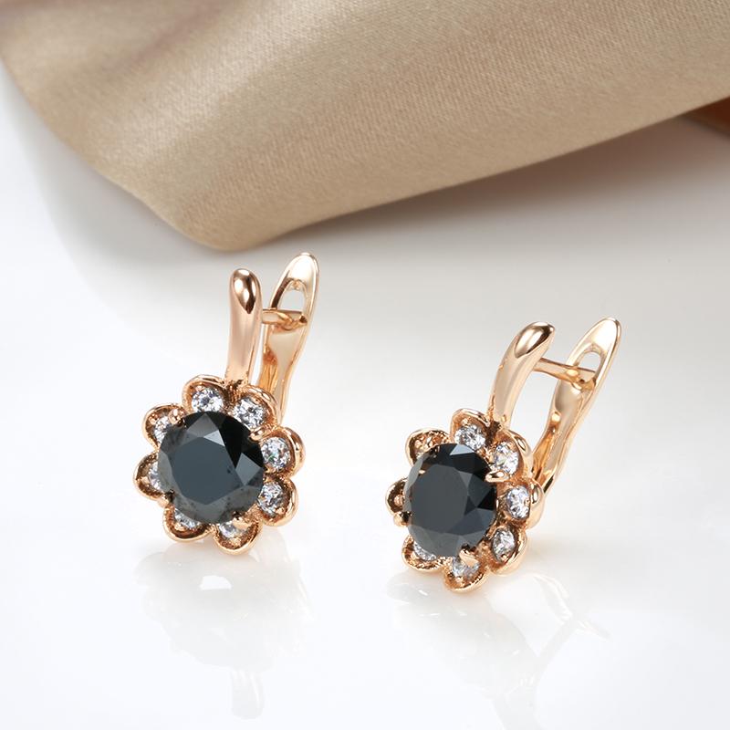 New  Rose Gold Women Earrings Glisten Natural Black Zircon Crystal Flower Earrings High Quality Daily Fine Jewelry