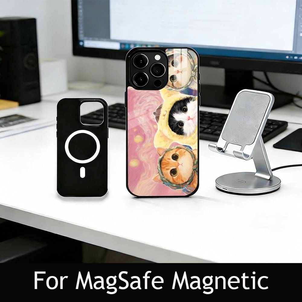 Pink Oil Painting Style Cat Phone Case For iPhone17,16,15,14,13,12,11 Plus,Pro Magnetic For Magsafe Wireless Charging