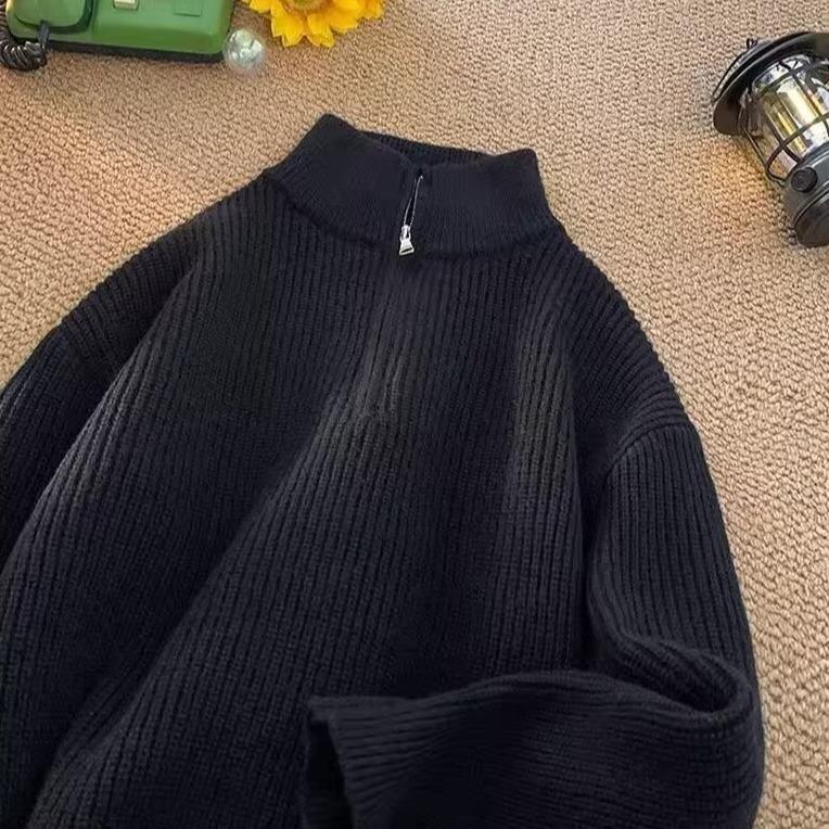 Oversized Solid Knitted Sweater Women Man Spring Autumn Stand Collar Half Zipper Pullovers Fashion Trend All-matched Knitwear