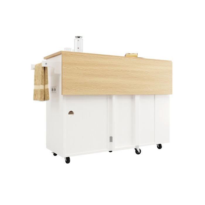 Îlot de cuisine - MUVOE - Chariot avec prises électriques - Bois blanc - 131,5 cm - Design pliant
