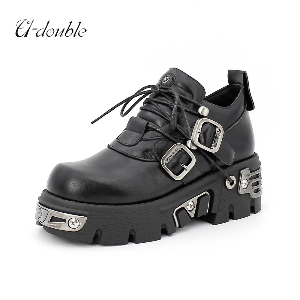 U-Double  New Dark Punk Style Woman Gothic Flame Carved Vintage Rock Boots Leather Shoes Metal Niche Low Top Platform Shoes