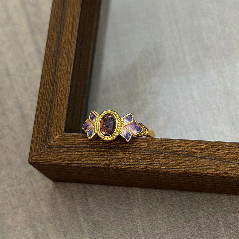 Medieval Vintage Court Style Light Luxury Retro Flower Auspicious Cloud Purple Enamel Open Ring Niche Stacked Wearing Woman