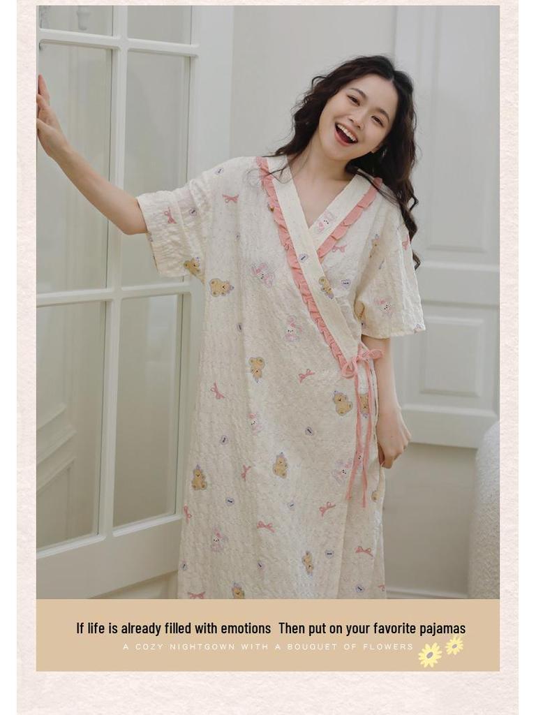 2025 Summer Kimono Maternity Nightdress - Crinkle Cotton, Postpartum Mid-Length, Short Sleeve Nursing Dress