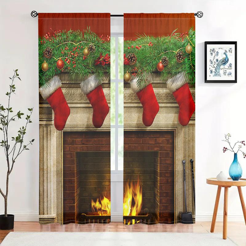 Christmas Stockings Fireplace Curtains Suitable Living Room Bedroom Kitchen Home Decoration Light Blocking Set Of 2 Made Polyester Great Decor