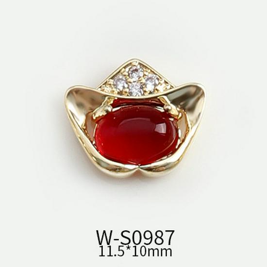 Festive Chinese Style Manicure: Lucky Bag Zirconia Ornaments with Golden Toad, Yuanbao, and Money Character Press-on Nails