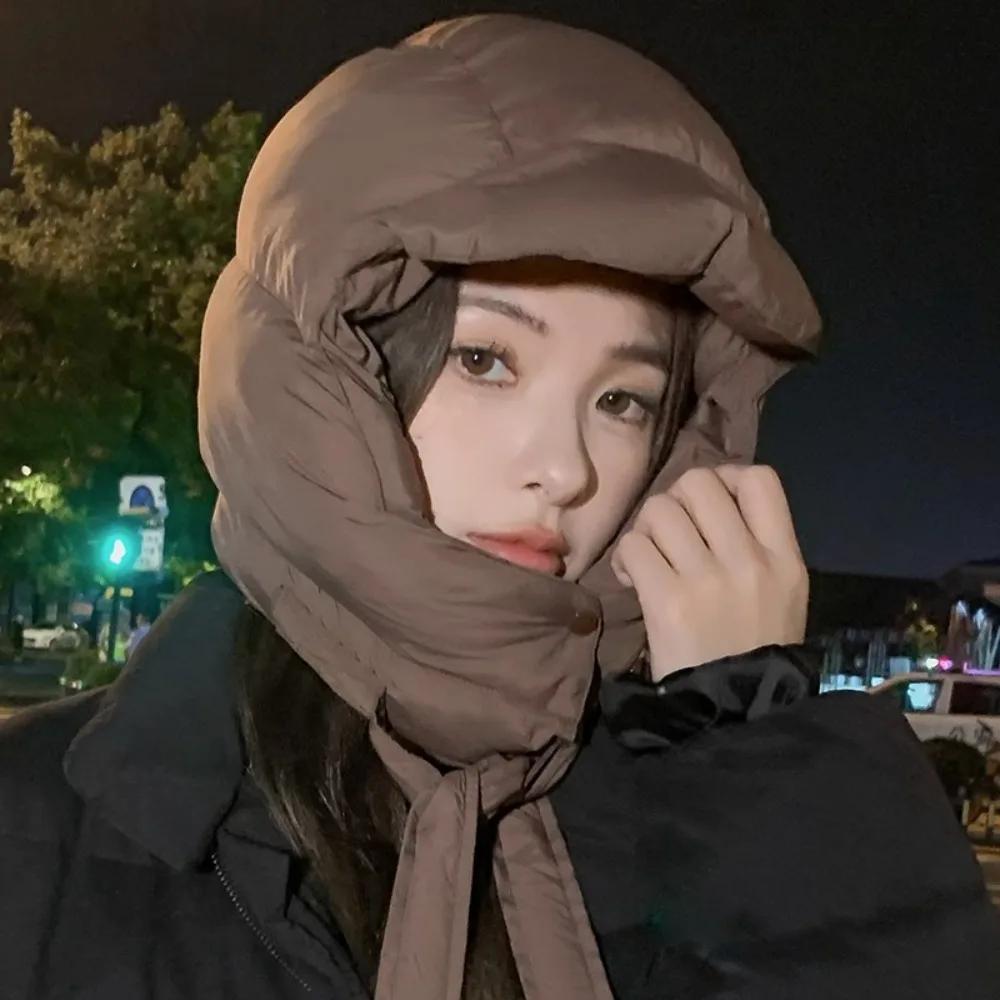 

Casual Solid Color Padded Pullover Cap Korean Style Windproof Balaclava Hat Hooded Harajuku Puffy Ear Protection Cap Lady кавовий