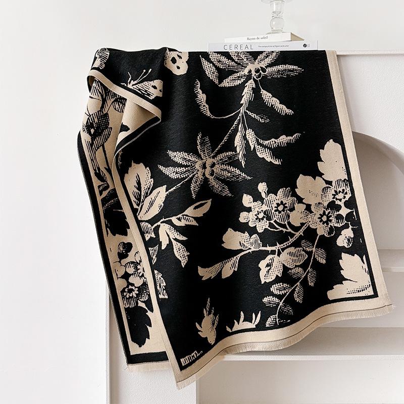 Girl Wind Forest Leaves Contrasting Colors Double-Sided Imitation Cashmere Scarf Winter Advanced Feeling Warm