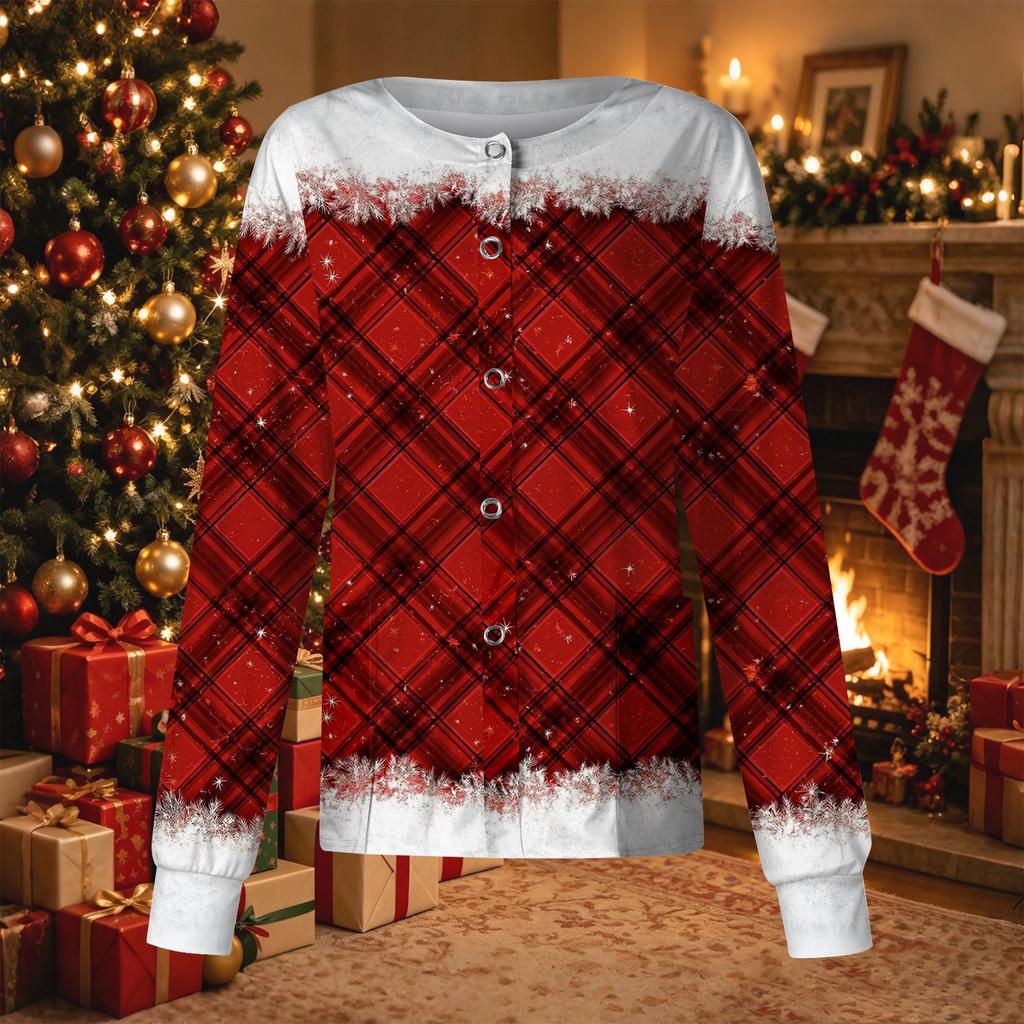 Women's Christmas Print Long Sleeve Caregiver Cardigan Top with Single-Breasted Button Front