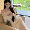 One-Shoulder Apricot Long-Sleeve Knit Dress for Women with Cinched Waist and Fishtail Skirt - A Figure-Flattering and Hip-Hugging Autumn Dress.
