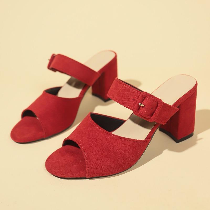 

Fashion Summer New Coarse Slippers Women Fashion Round Head Open Toe Suede Metal Buckle Anti-slip Wear-resistant High Heels 42