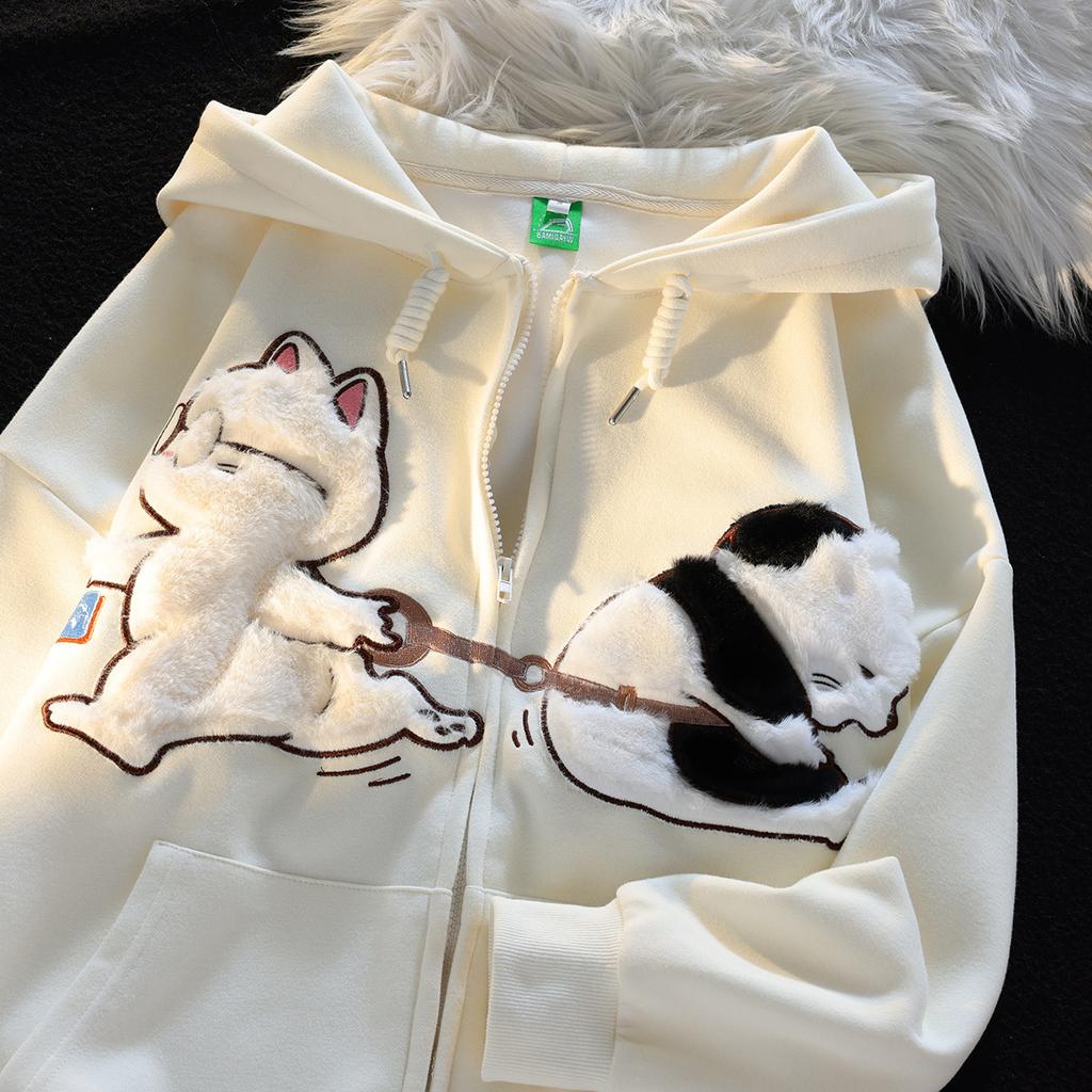 Cartoon cat zipper sweater women's 2025 new design sense niche oversize couple cardigan jacket