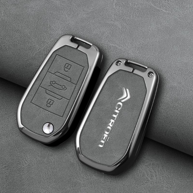 Zinc Alloy Leather Car Flip Key Case Cover Shell Fob Key Emblem Badge For Citroen C3 C4 CACTUS C6 C8 Keychain Accessories akh256