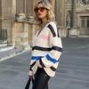 Moda Donna Casual Autunno Inverno Top Manica Lunga con Stampa a Righe Scollo a V Abbigliamento Donna Maglieria di Lana Maglioni