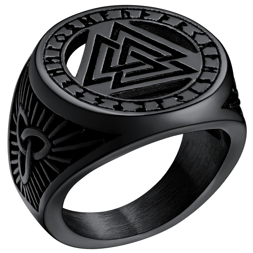 Big Signet Rings for Man Norse Viking Runes Valknut Wolf Head Triquetra Onyx Agate Size 7-14 Jewelry Gift for Him