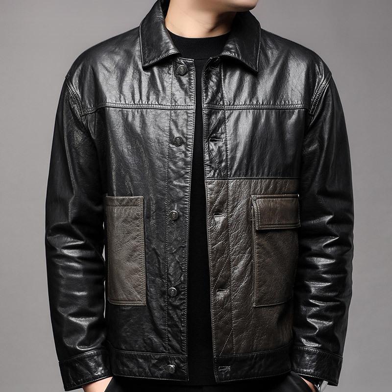 

Quality men s first-layer cowhide leather jacket fashion two-color color matching leather jacket lapel handsome jacket M чорний