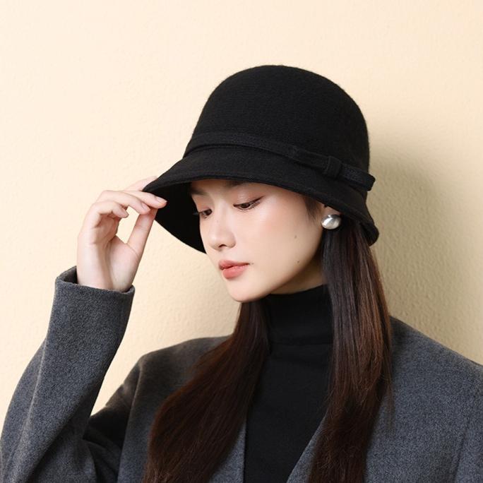 Herbst und Winter Eleganter Woll-Bucket-Hut Damen Retro Schleife High-End Thermischer Beckenhut