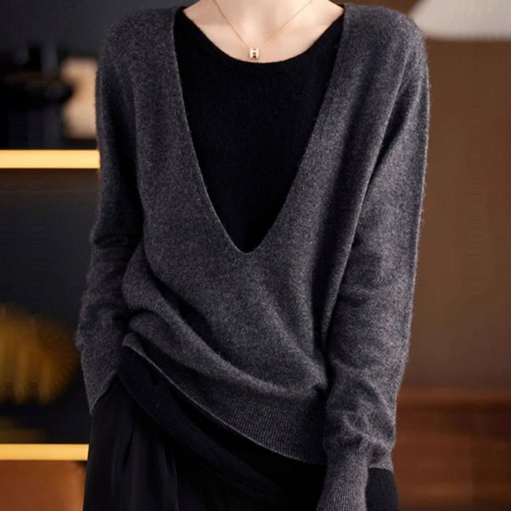 Spring Autumn Versatile Temperament Pullover V-neck Casual Long-sleeved Fake Two-piece Slim Sweater Women
