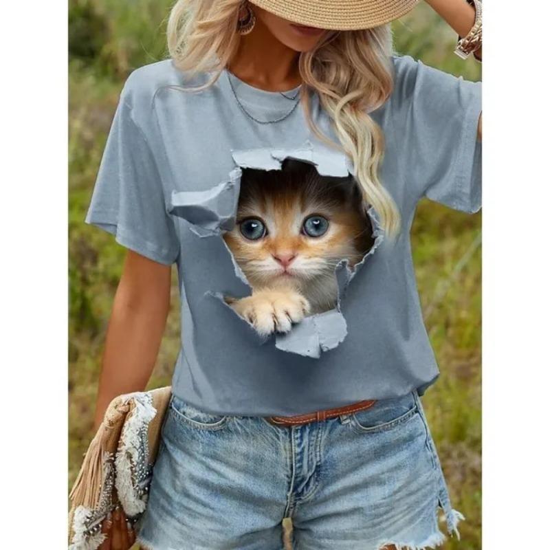 Cat  Printed Summer 3d T-shirt Women's Outdoor Clothing Casual Fashion Short Sleeved T-shirt Round Neck T-shirt Top