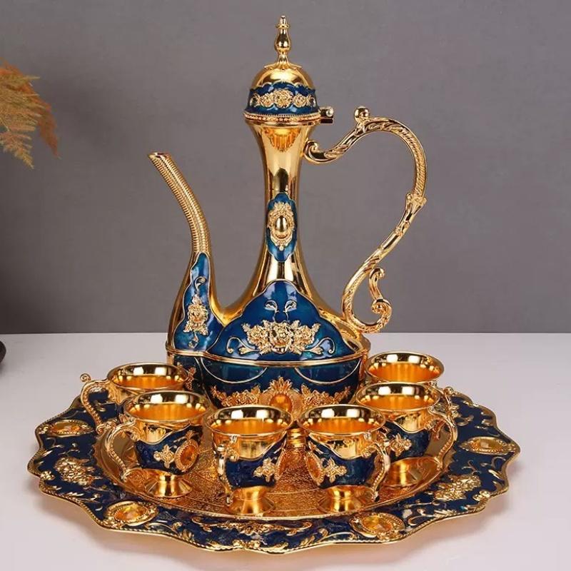 Exquisite Vintage Wine Glass, Alloy Home Wine Pot Wine Glass Set, European Wine Set, Wine Pot Home Living Room Decoration, 1Set