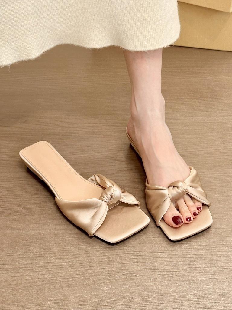Peninsula Glazed Silver! Temperament Satin Word with Knotted Sandals Women's Summer and Korean Version Open-toed Flat Sandals