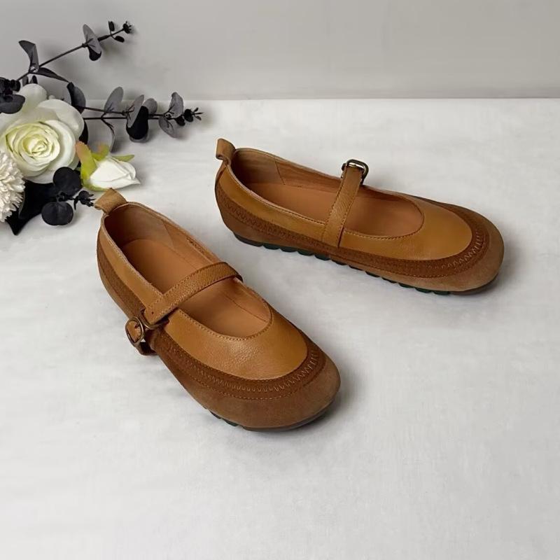 

Johnature Натуральная кожа Мягкая подошва Ретро Женская обувь Универсальный Круглый носок Пряжка ремня Балетки 40