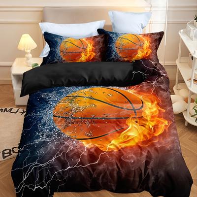 Juego de funda de edredón con estampado 3D de baloncesto y fuego, juego de cama para niños, funda de edredón ultra suave para niños (1 juego de funda nórdica + 2 fundas de almohada)