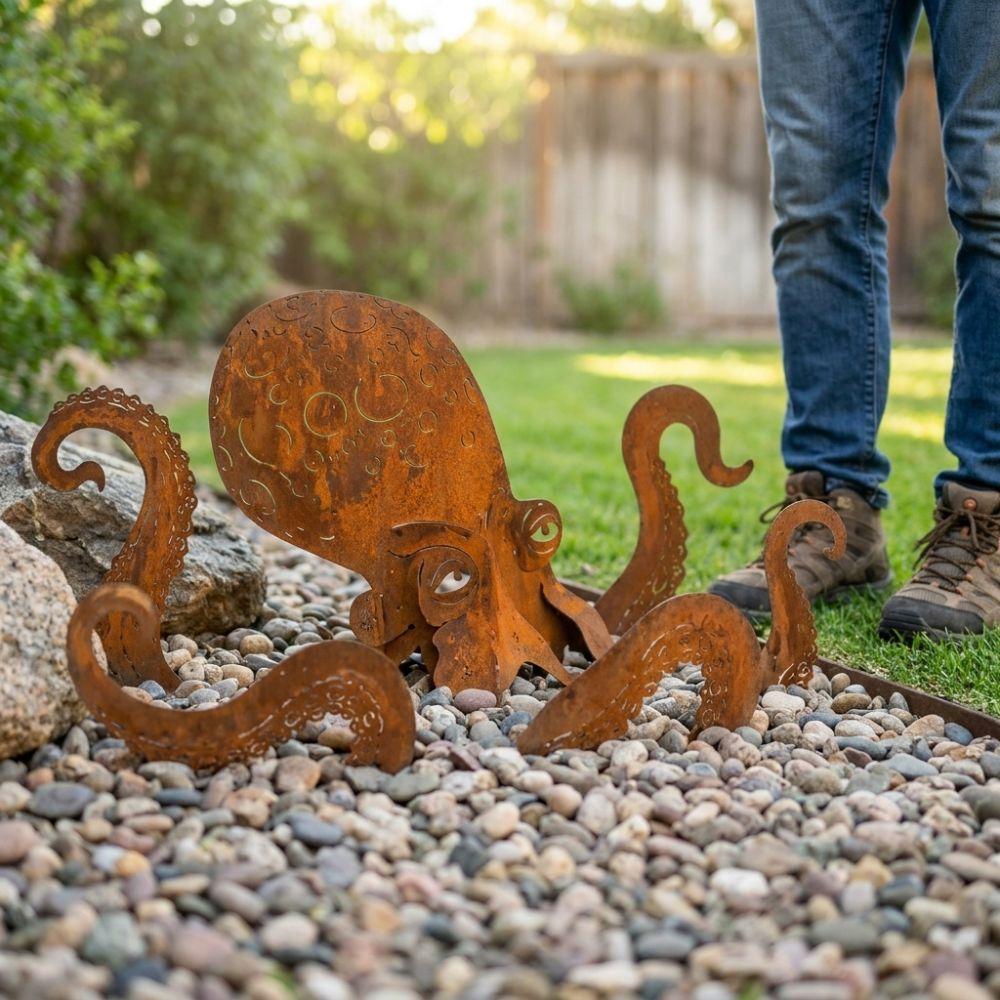 Vintage Iron Rusty Metal Squid Garden Statue Coastal Art Squid Yard Art Decor Outdoor Yard Art