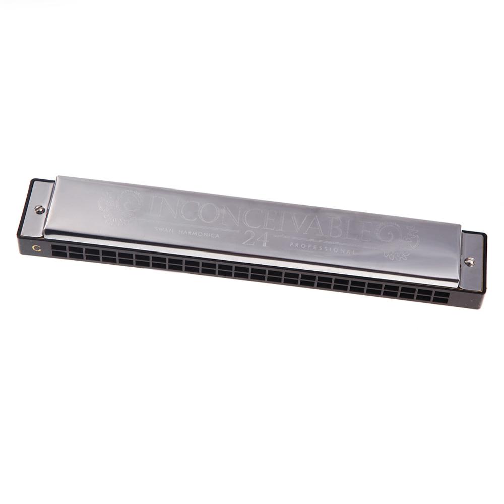 Swan Tremolo Harmonica Mouth Organ 24 Double Holes with 48 Reeds Key of C Free Reed Wind Instrument with Case Silver