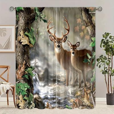 2 Pieces - Elk - Printed Curtain - Polyester Material - for Bedroom Living Room Study Anti-privacy Curtain