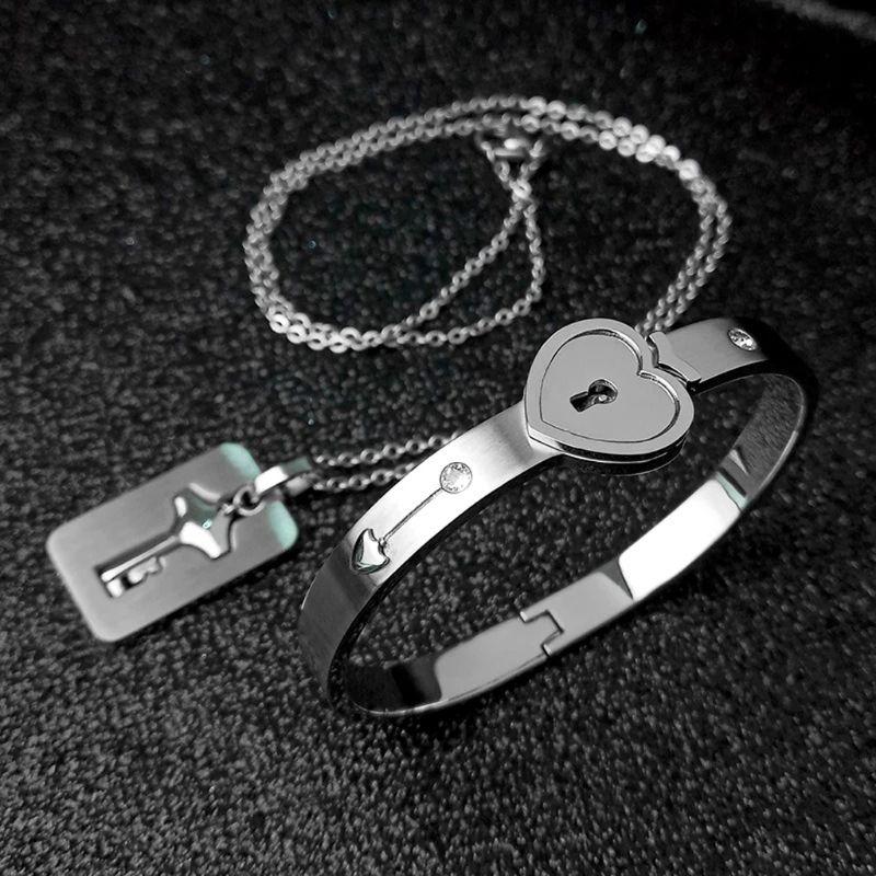 Bracelet jonc Cœur Argenté Délicat pour Pendentif Clé Ensemble Bijoux pour Amoureux pour Jour d'Anniversaire de Couples