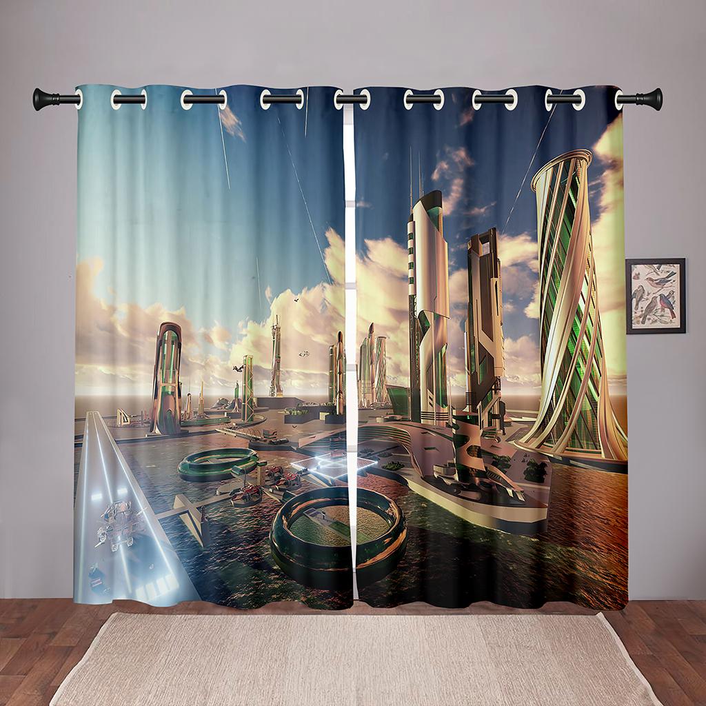 Zukunftsstadt Technologie Architektur Dünner Vorhang für Kinder Wohnzimmer Schlafzimmer Badezimmer Küche Tür Schrank Zuhause Haken